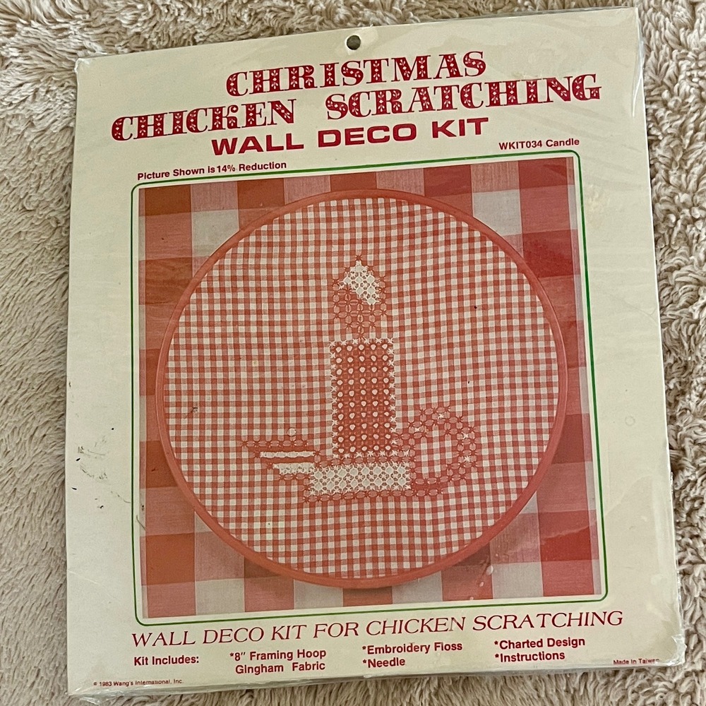VTG 1983 Wang's Int'l Christmas Chicken Scratching Kit Candle 8" Hoop NOS